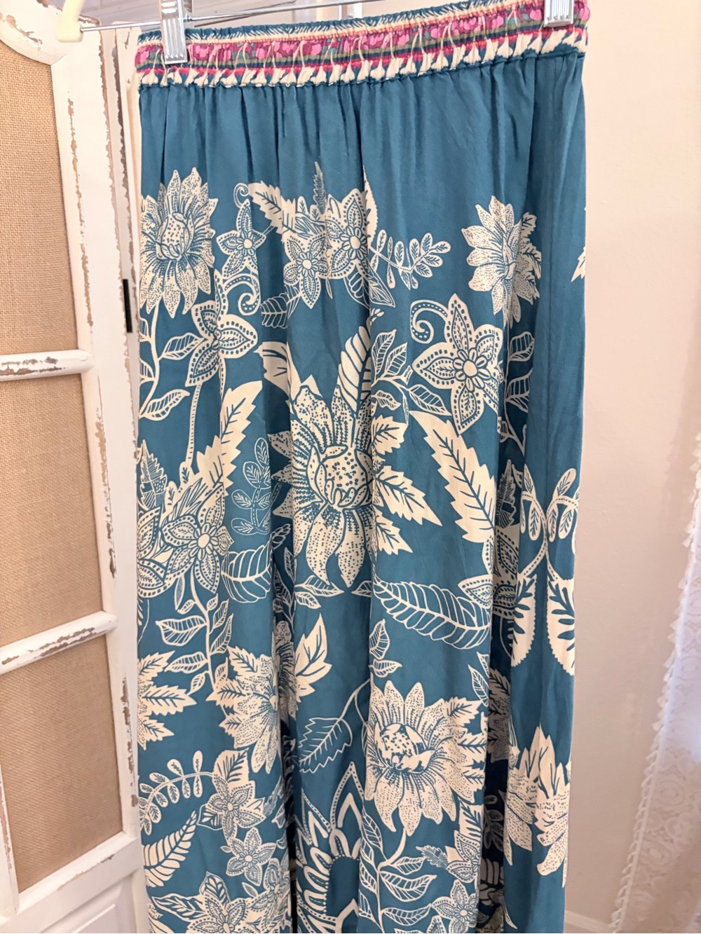 Natural Life Teal Floral Boho Maxi Skirt Tassel Drawstring XS - Picture 8 of 10